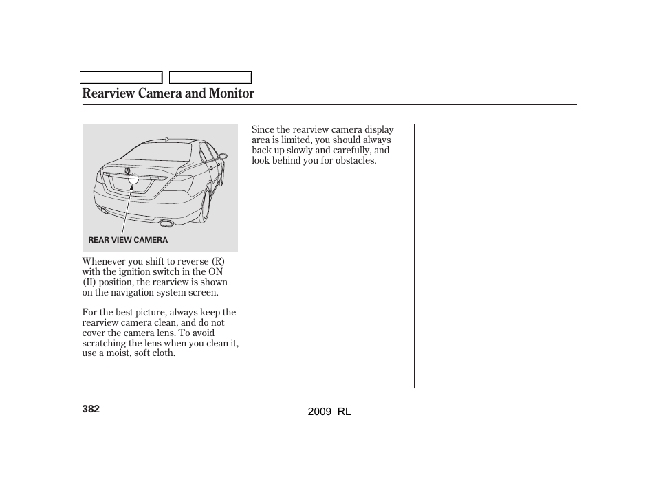 Rearview camera and monitor | Acura 2009 RL User Manual | Page 385 / 560