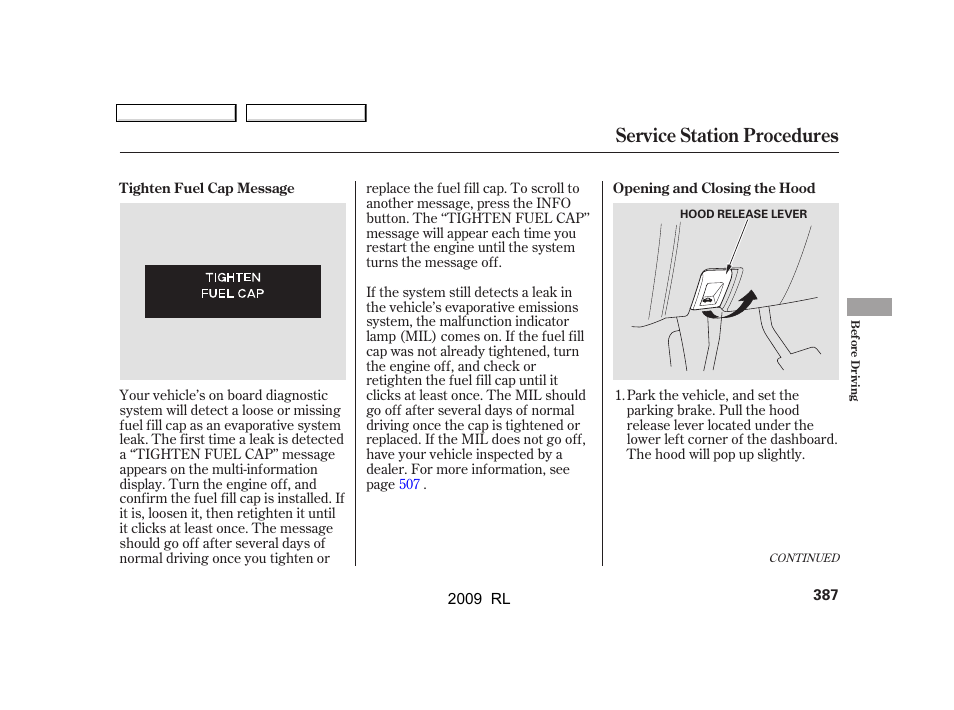 Service station procedures | Acura 2009 RL User Manual | Page 390 / 560