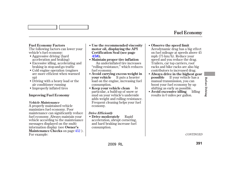 Fuel economy | Acura 2009 RL User Manual | Page 394 / 560