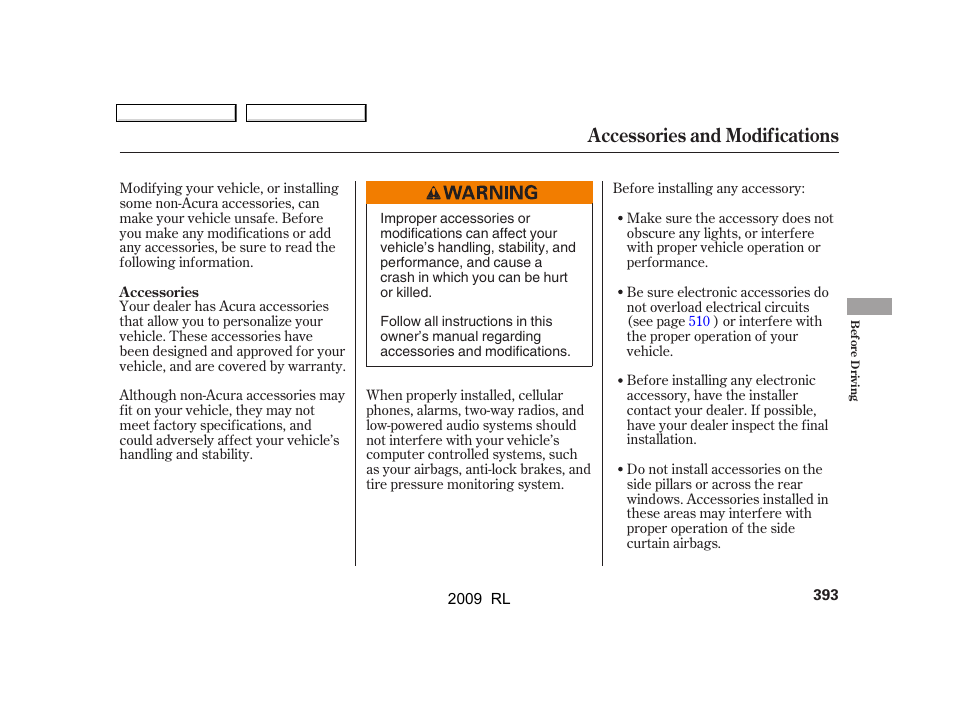 Accessories and modifications | Acura 2009 RL User Manual | Page 396 / 560