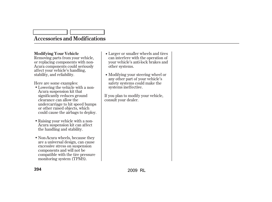 Accessories and modifications | Acura 2009 RL User Manual | Page 397 / 560