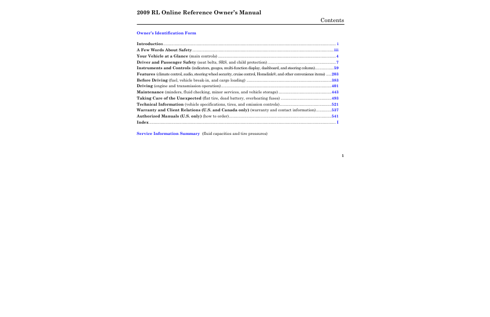 Acura 2009 RL User Manual | Page 4 / 560