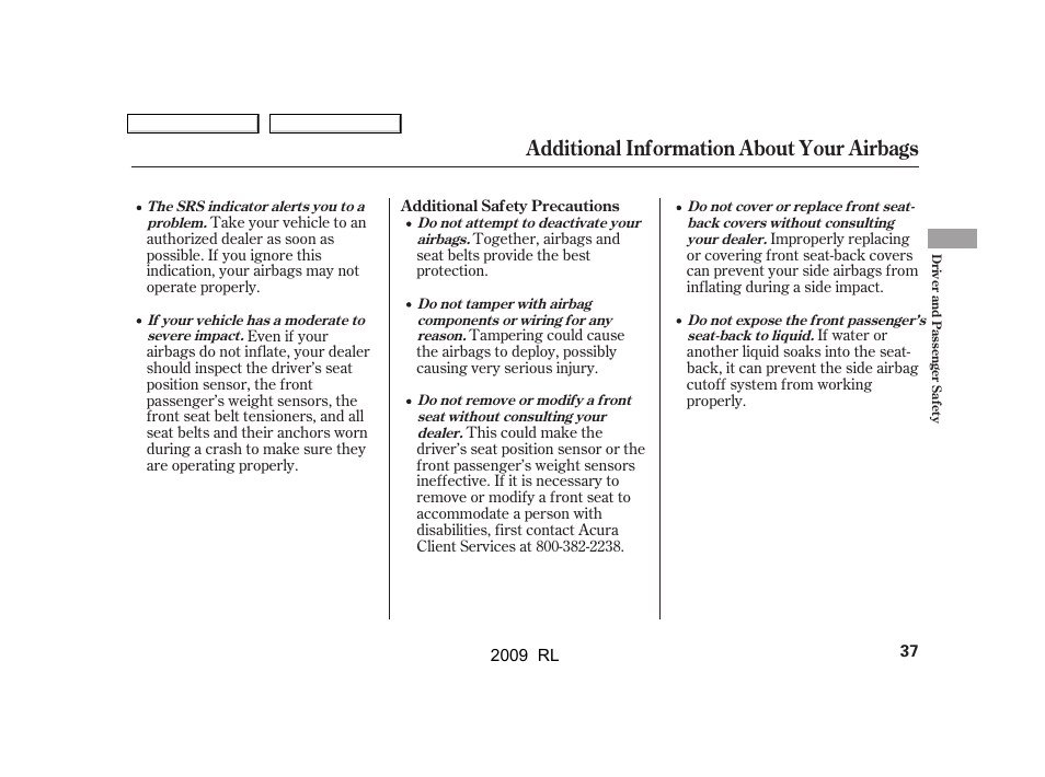 Additional information about your airbags | Acura 2009 RL User Manual | Page 40 / 560