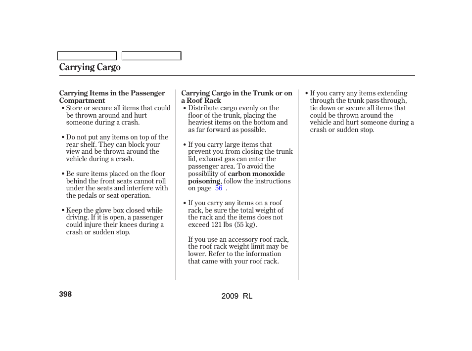 Carrying cargo | Acura 2009 RL User Manual | Page 401 / 560