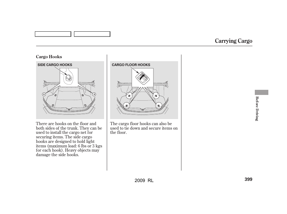Carrying cargo | Acura 2009 RL User Manual | Page 402 / 560