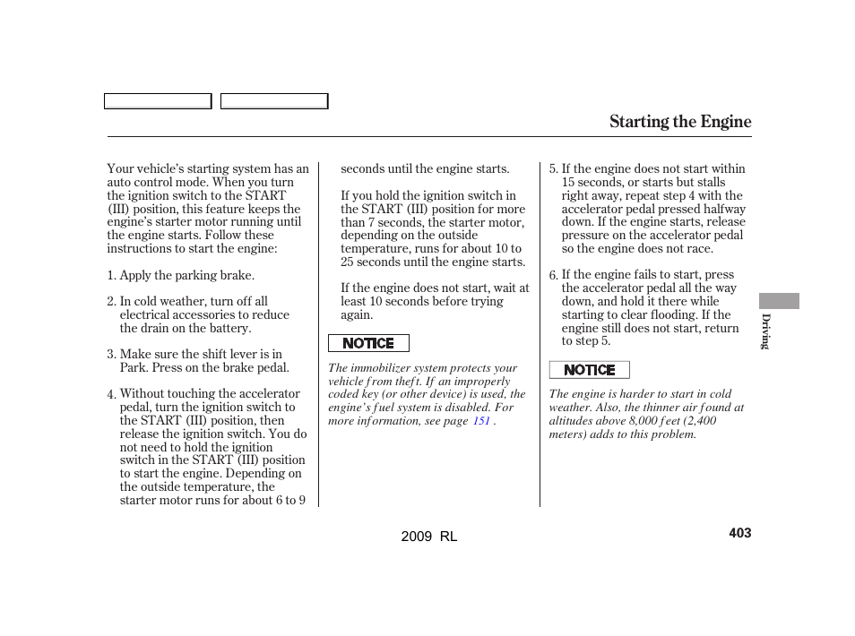 Starting the engine | Acura 2009 RL User Manual | Page 406 / 560