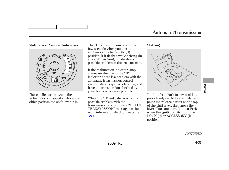 Automatic transmission | Acura 2009 RL User Manual | Page 408 / 560