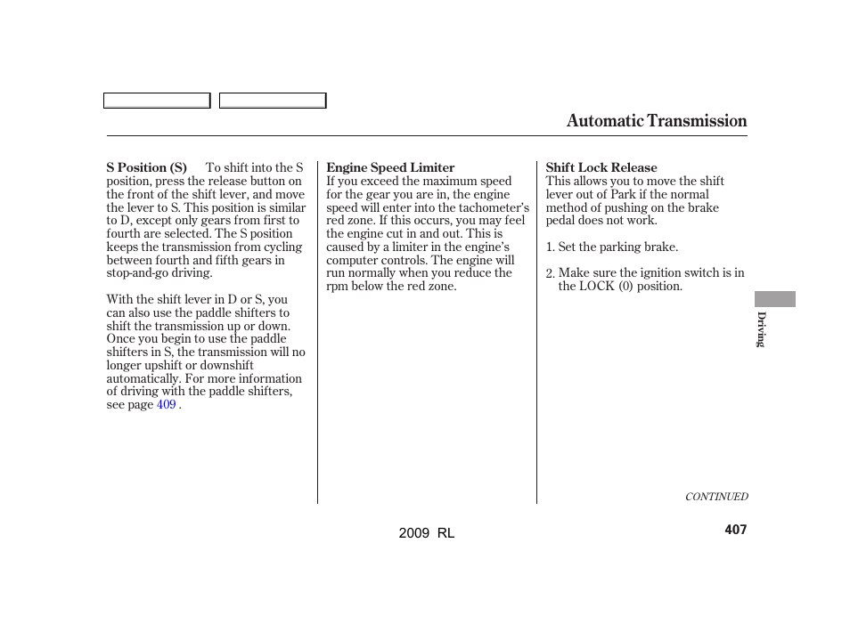 Automatic transmission | Acura 2009 RL User Manual | Page 410 / 560