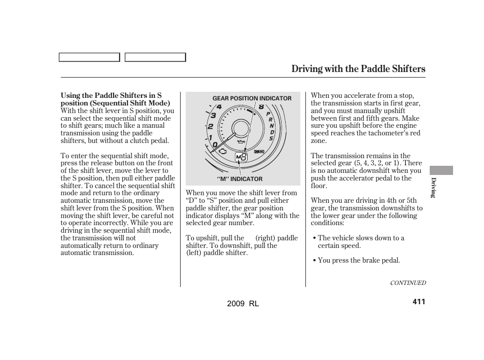 Driving with the paddle shifters | Acura 2009 RL User Manual | Page 414 / 560