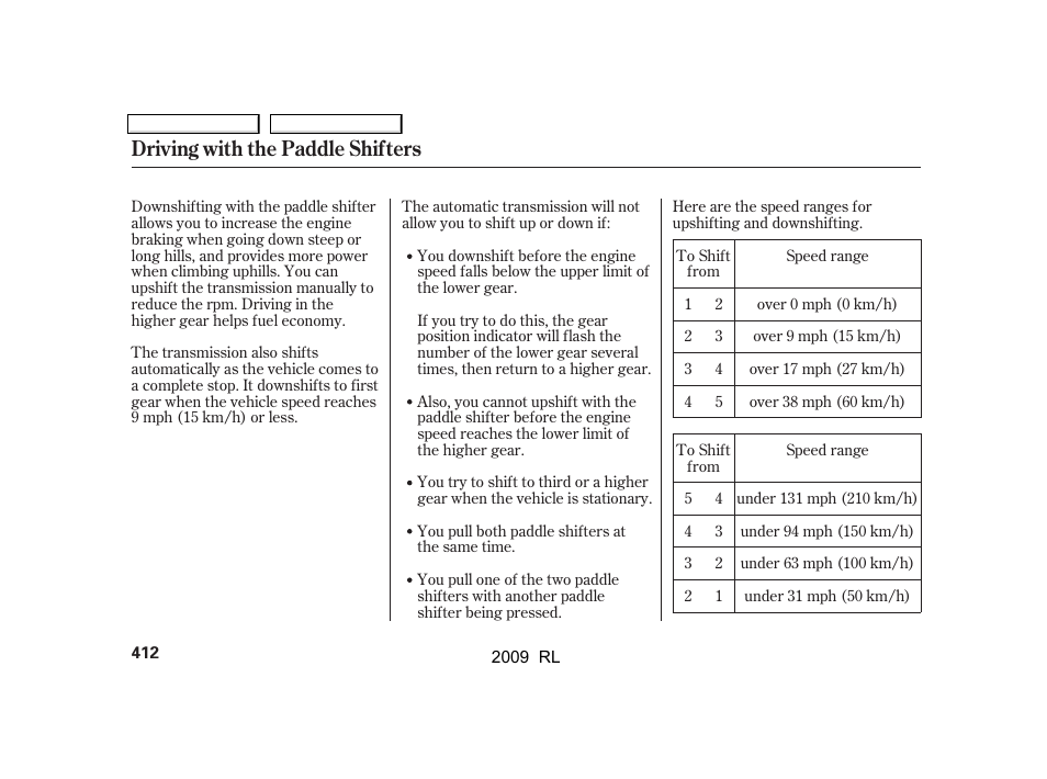 Driving with the paddle shifters | Acura 2009 RL User Manual | Page 415 / 560