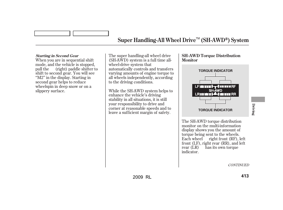 Super handling-all wheel drive (sh-awd ) system | Acura 2009 RL User Manual | Page 416 / 560