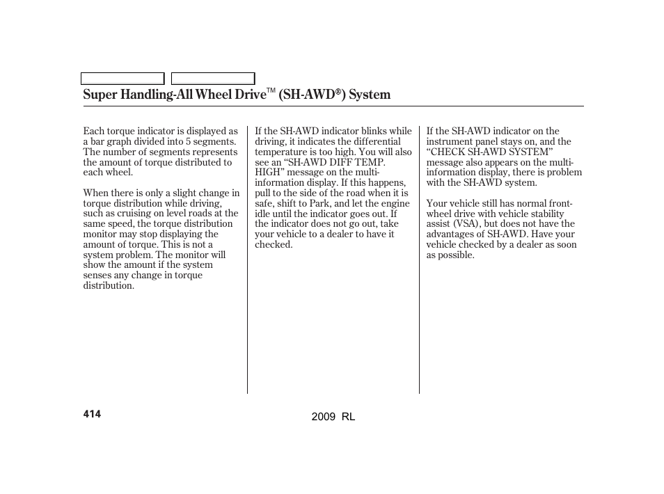 Super handling-all wheel drive (sh-awd ) system | Acura 2009 RL User Manual | Page 417 / 560
