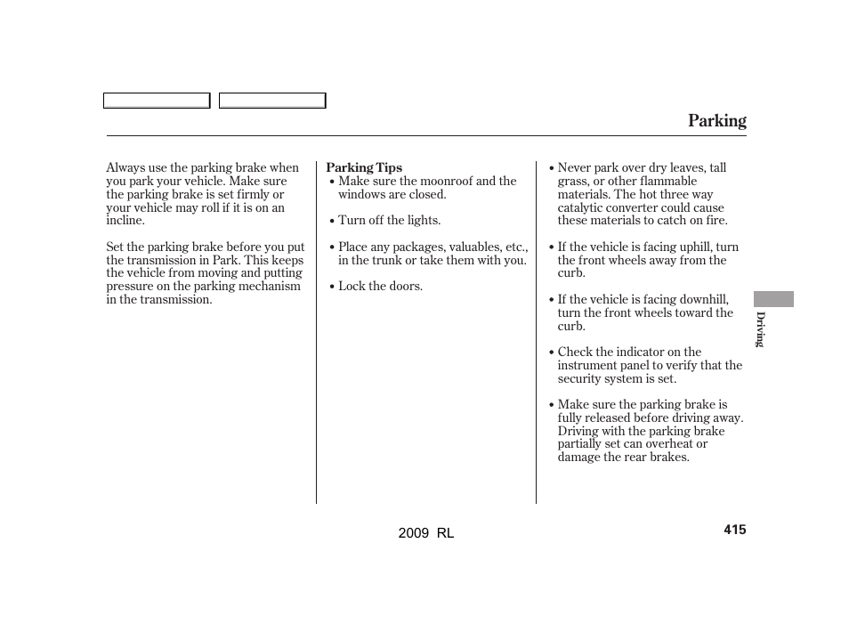 Parking | Acura 2009 RL User Manual | Page 418 / 560