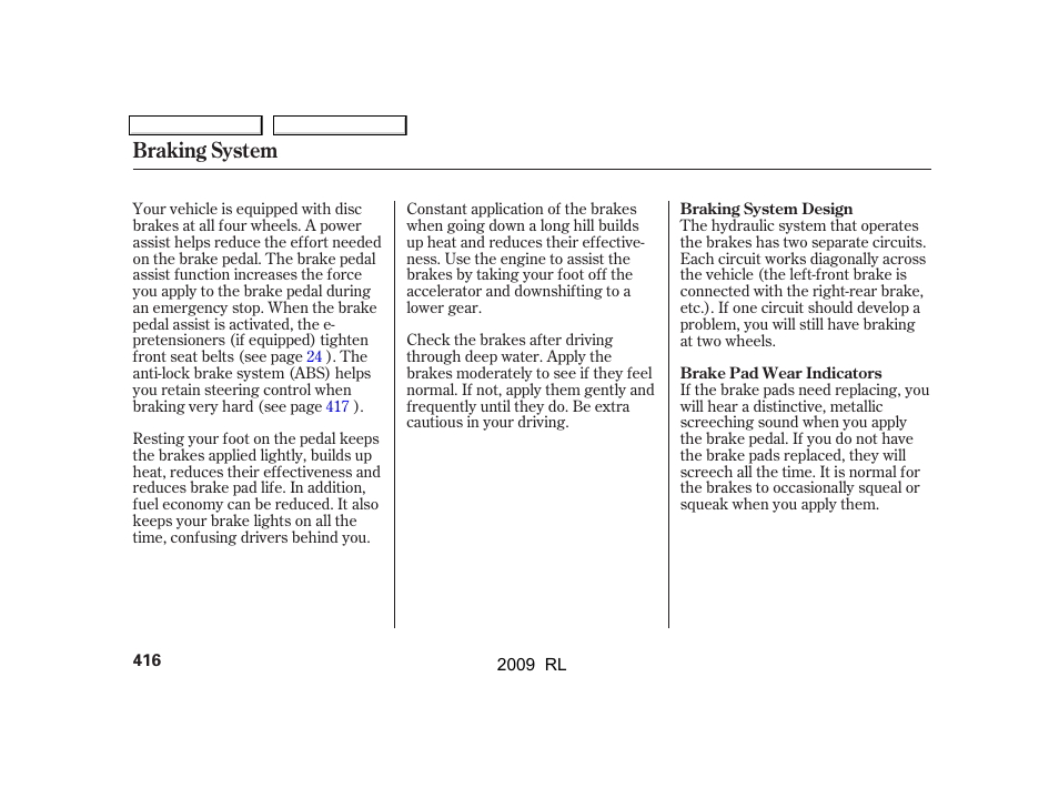 Braking system | Acura 2009 RL User Manual | Page 419 / 560