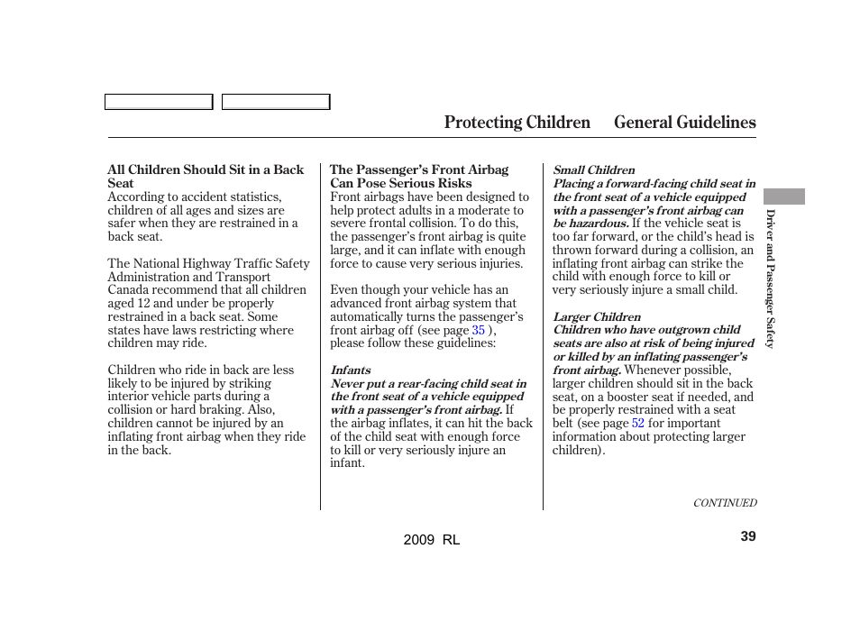 Protecting children general guidelines | Acura 2009 RL User Manual | Page 42 / 560