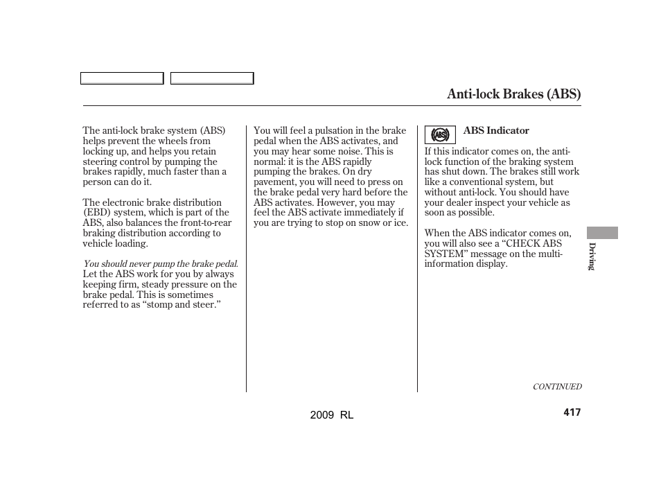 Anti-lock brakes (abs) | Acura 2009 RL User Manual | Page 420 / 560