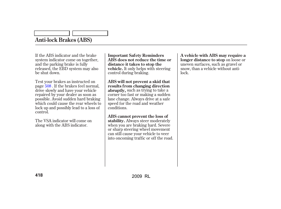 Anti-lock brakes (abs) | Acura 2009 RL User Manual | Page 421 / 560