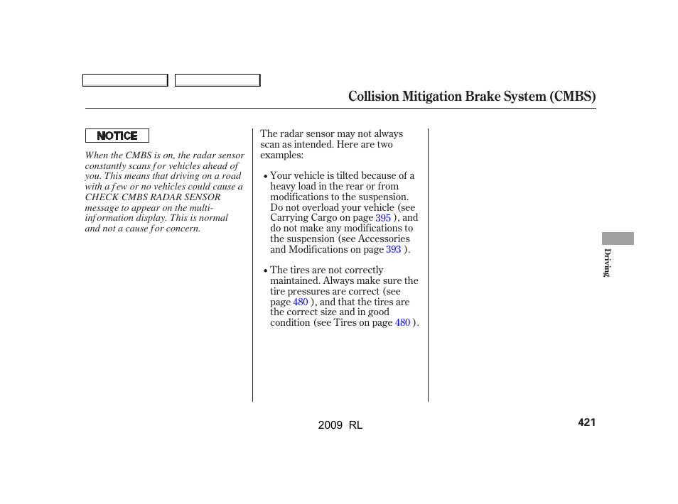 Collision mitigation brake system (cmbs) | Acura 2009 RL User Manual | Page 424 / 560