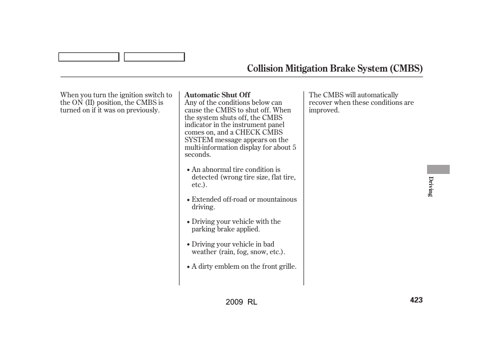 Collision mitigation brake system (cmbs) | Acura 2009 RL User Manual | Page 426 / 560