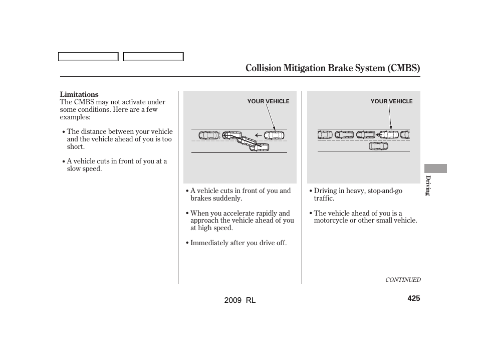 Collision mitigation brake system (cmbs) | Acura 2009 RL User Manual | Page 428 / 560