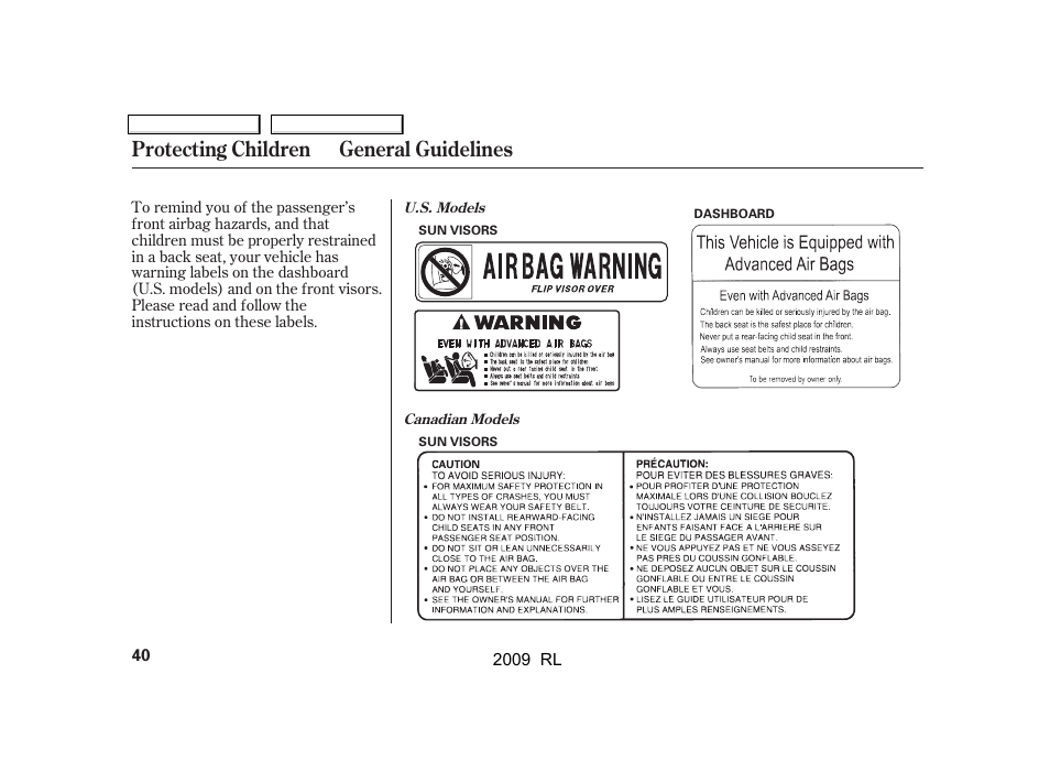 Protecting children general guidelines | Acura 2009 RL User Manual | Page 43 / 560