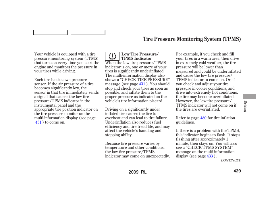 Tire pressure monitoring system (tpms) | Acura 2009 RL User Manual | Page 432 / 560