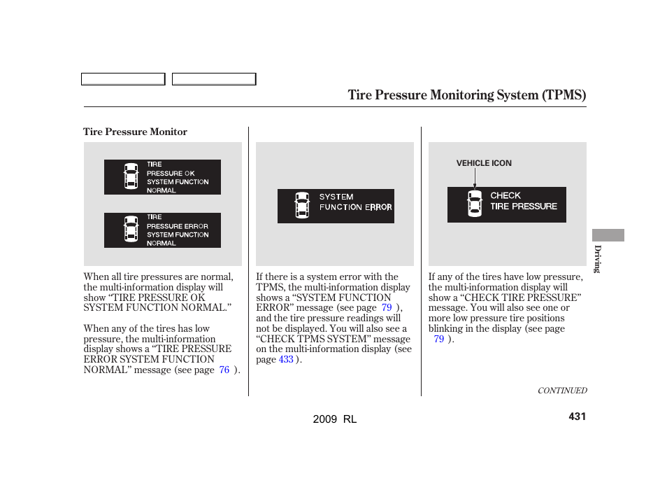Tire pressure monitoring system (tpms) | Acura 2009 RL User Manual | Page 434 / 560