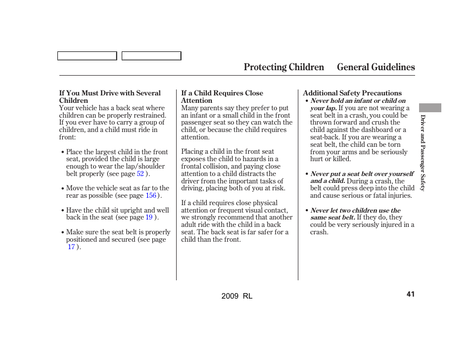 Protecting children general guidelines | Acura 2009 RL User Manual | Page 44 / 560