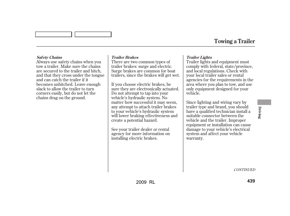 Towing a trailer | Acura 2009 RL User Manual | Page 442 / 560