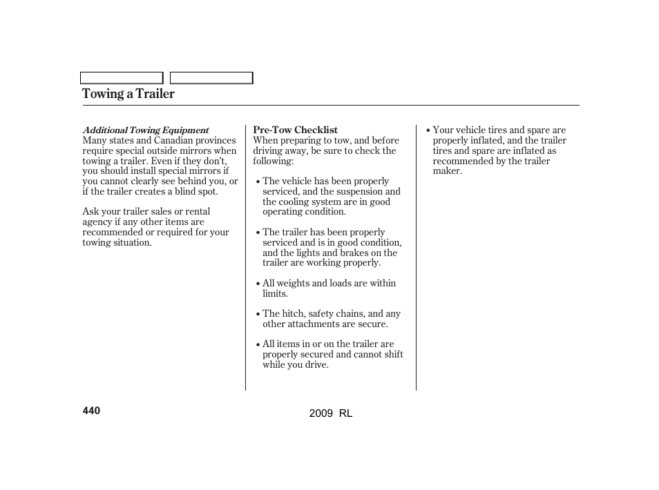 Towing a trailer | Acura 2009 RL User Manual | Page 443 / 560