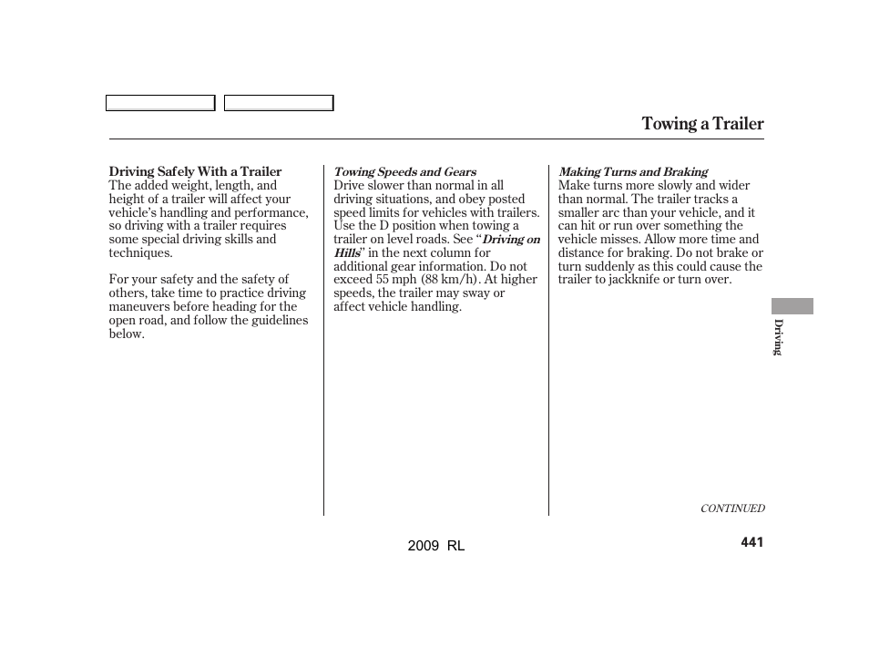 Towing a trailer | Acura 2009 RL User Manual | Page 444 / 560