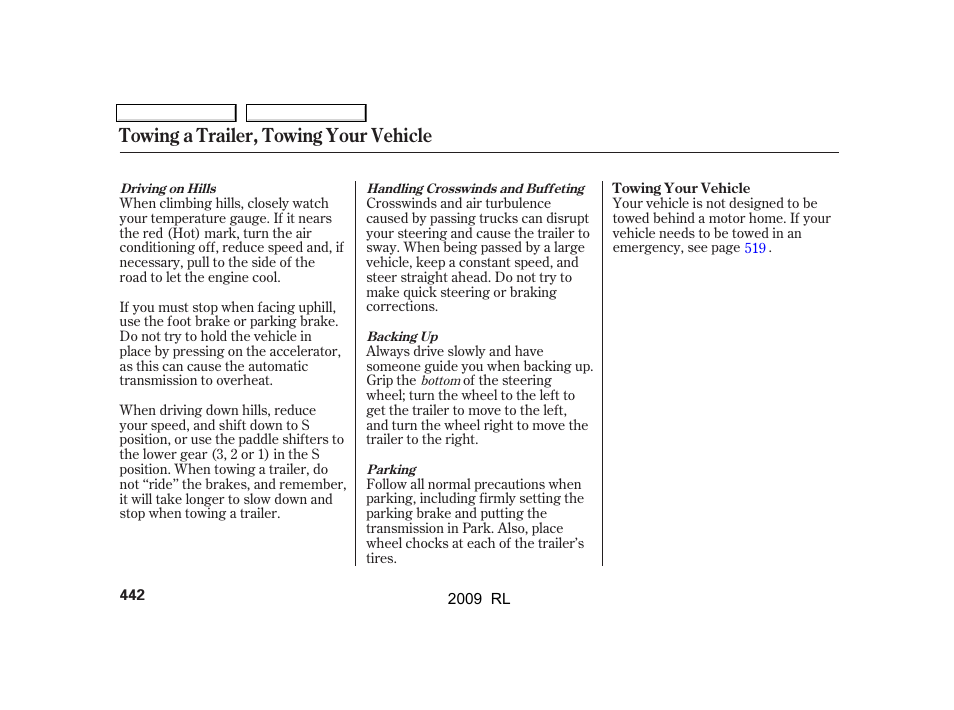Towing a trailer, towing your vehicle | Acura 2009 RL User Manual | Page 445 / 560