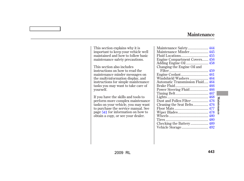 Maintenance | Acura 2009 RL User Manual | Page 446 / 560