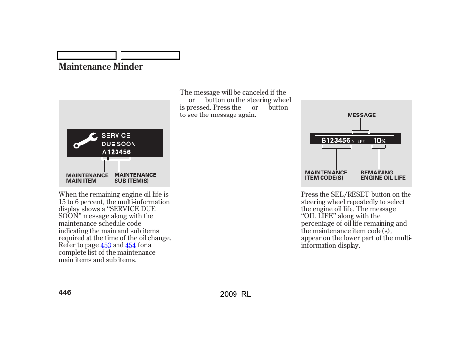Maintenance minder | Acura 2009 RL User Manual | Page 449 / 560