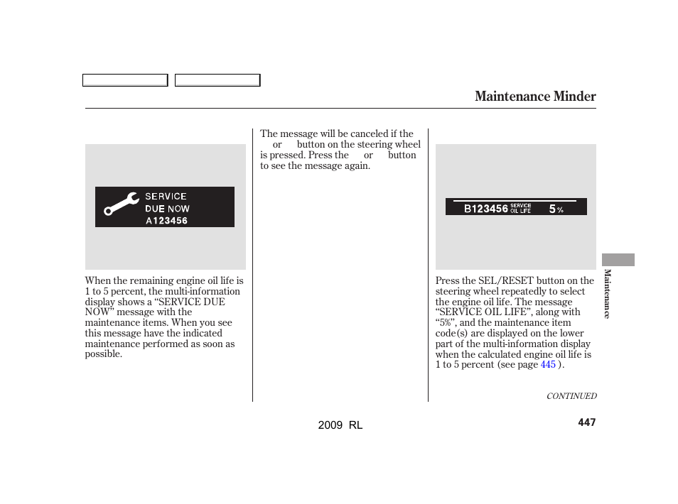 Maintenance minder | Acura 2009 RL User Manual | Page 450 / 560