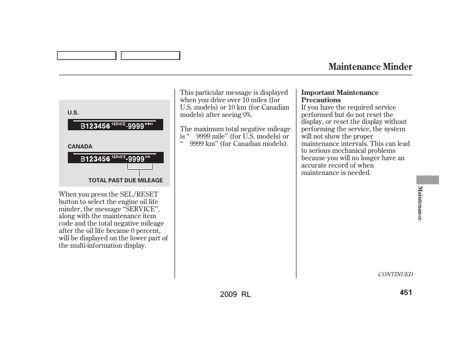 Maintenance minder | Acura 2009 RL User Manual | Page 454 / 560