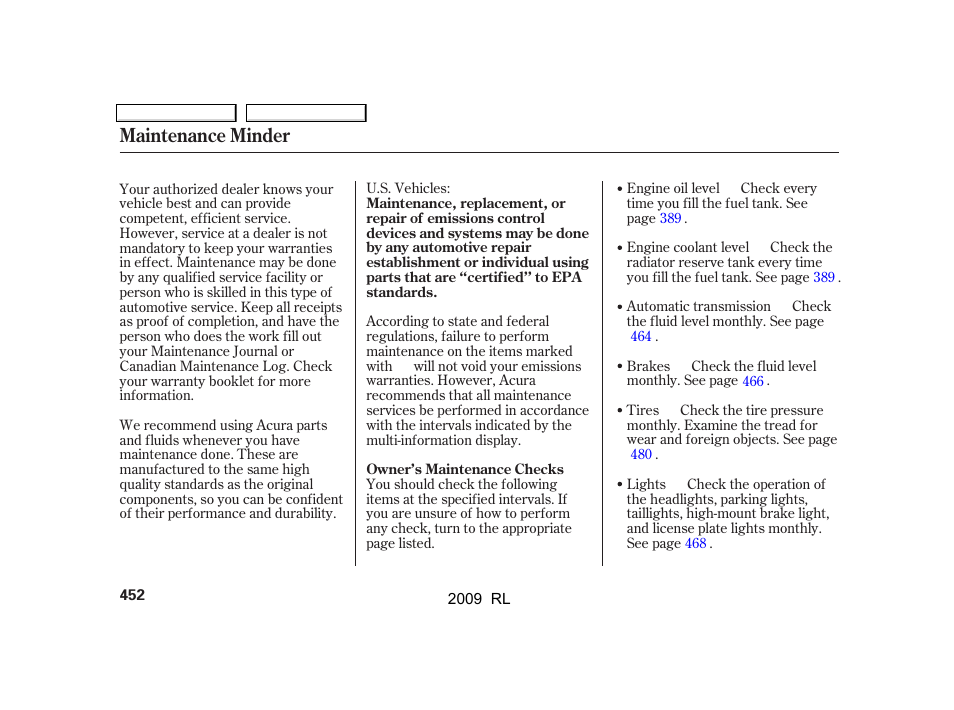 Maintenance minder | Acura 2009 RL User Manual | Page 455 / 560