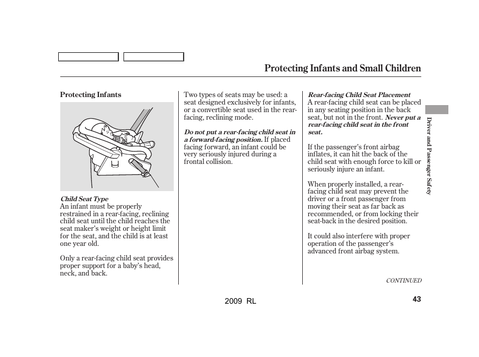 Protecting infants and small children | Acura 2009 RL User Manual | Page 46 / 560