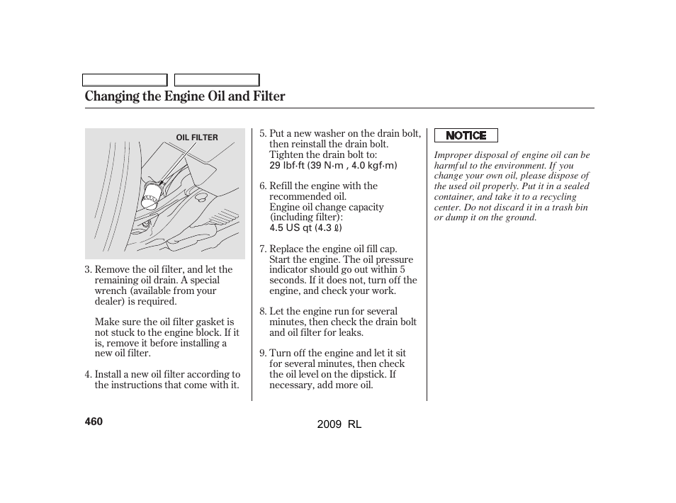 Changing the engine oil and filter | Acura 2009 RL User Manual | Page 463 / 560