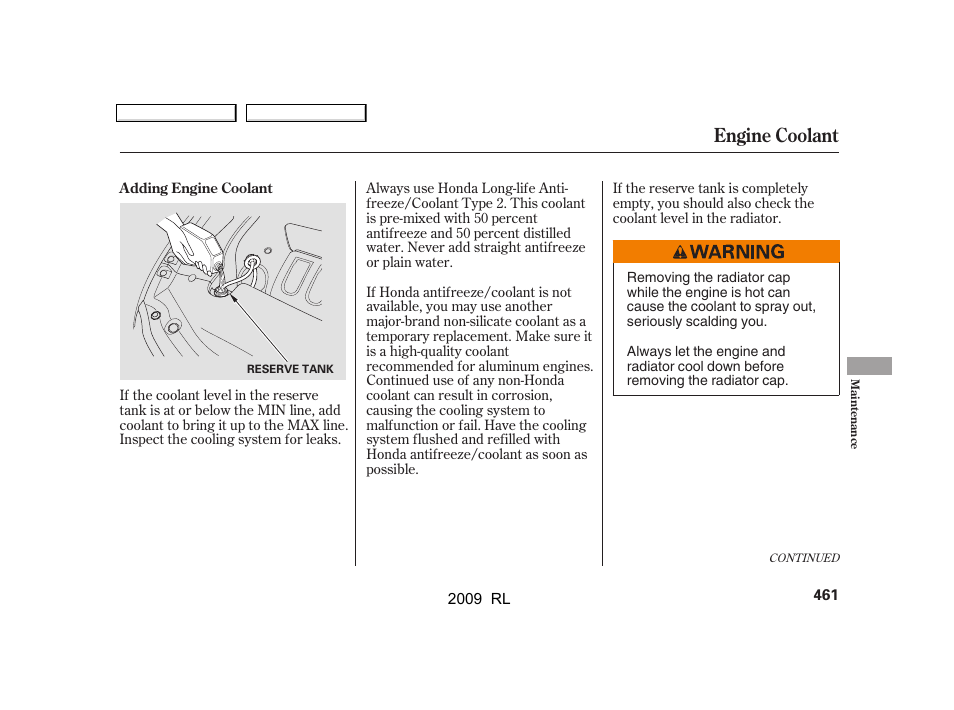 Engine coolant | Acura 2009 RL User Manual | Page 464 / 560