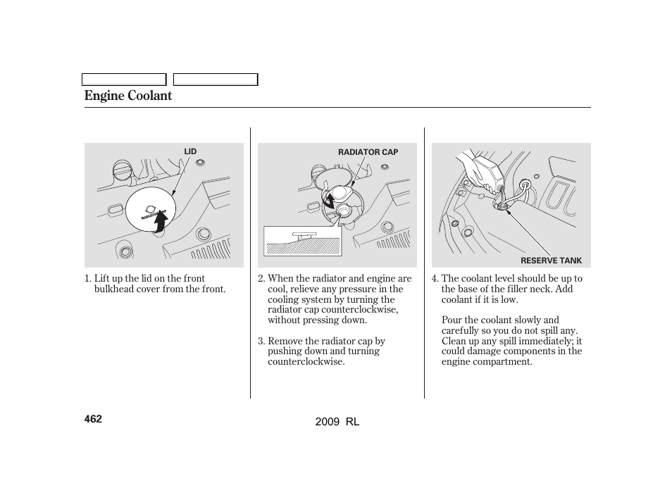 Engine coolant | Acura 2009 RL User Manual | Page 465 / 560