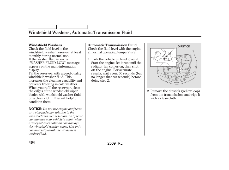 Windshield washers, automatic transmission fluid | Acura 2009 RL User Manual | Page 467 / 560