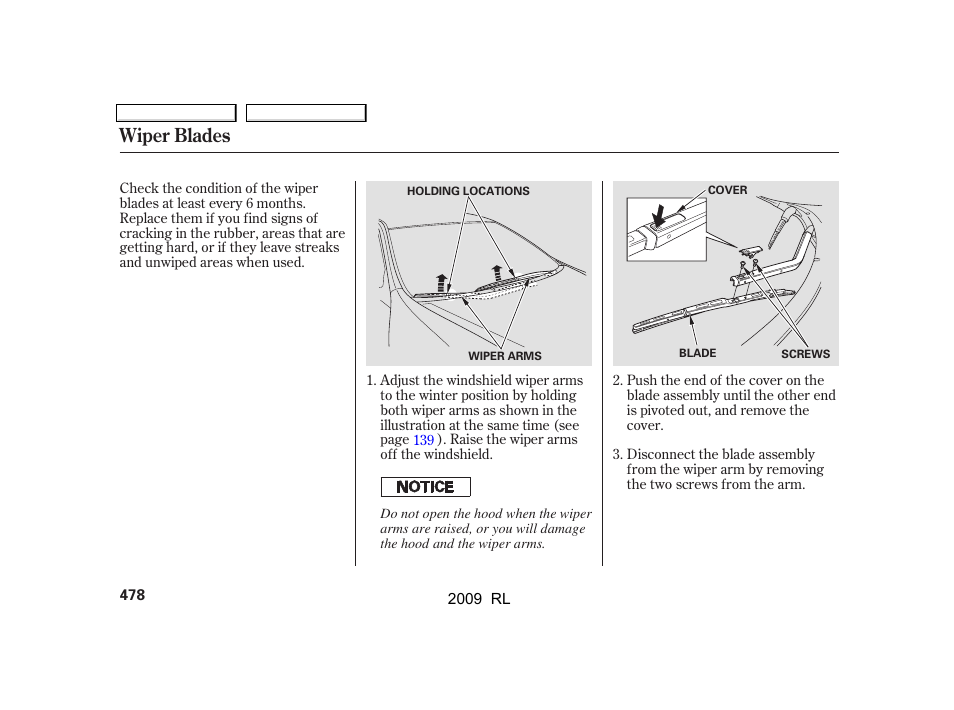 Wiper blades | Acura 2009 RL User Manual | Page 481 / 560