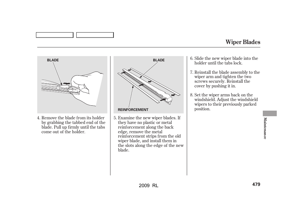 Wiper blades | Acura 2009 RL User Manual | Page 482 / 560