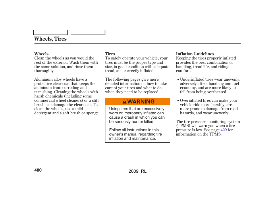 Wheels, tires | Acura 2009 RL User Manual | Page 483 / 560
