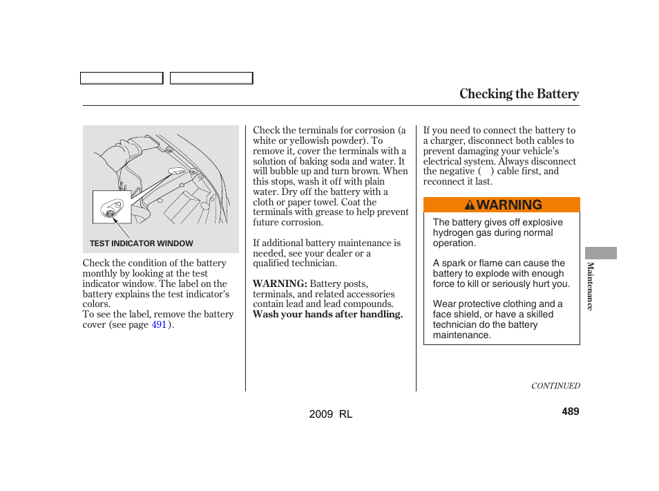 Checking the battery | Acura 2009 RL User Manual | Page 492 / 560