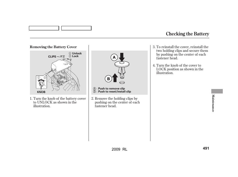 Checking the battery | Acura 2009 RL User Manual | Page 494 / 560