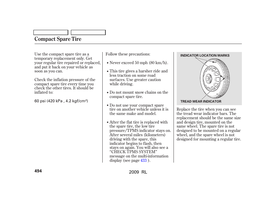 Compact spare tire | Acura 2009 RL User Manual | Page 497 / 560