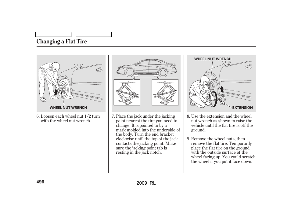 Changing a flat tire | Acura 2009 RL User Manual | Page 499 / 560