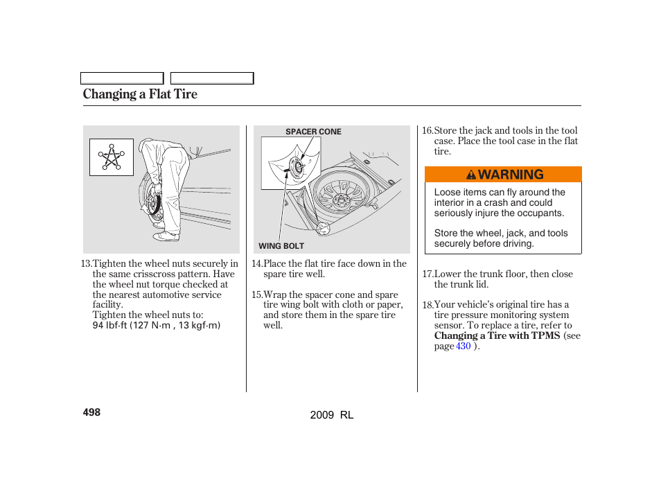 Changing a flat tire | Acura 2009 RL User Manual | Page 501 / 560